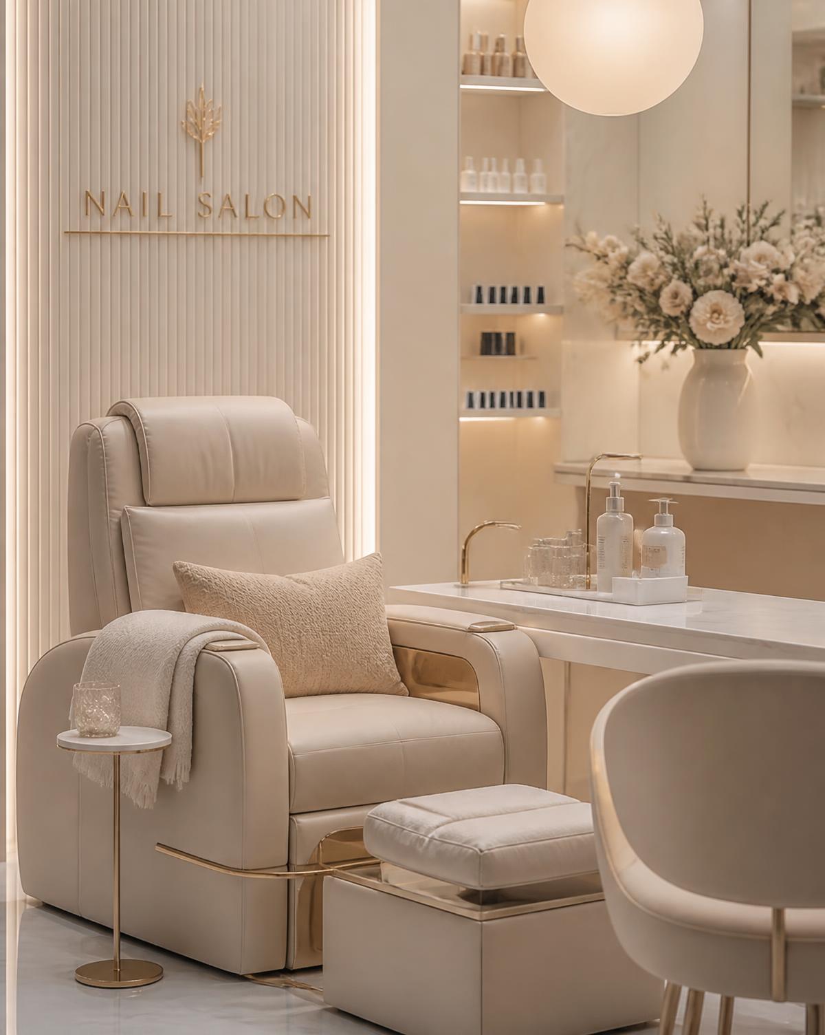Luxe nagelsalon met crèmekleurige behandelstoel